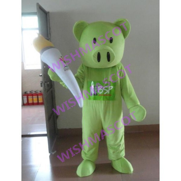 Green Pig Mascot Costume Carrying Torch