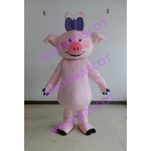 Piggy With Blue Butterfly Mascot Costume