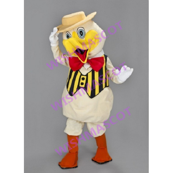 White Chicken Mascot Costume Wearing Striped Waistcoat