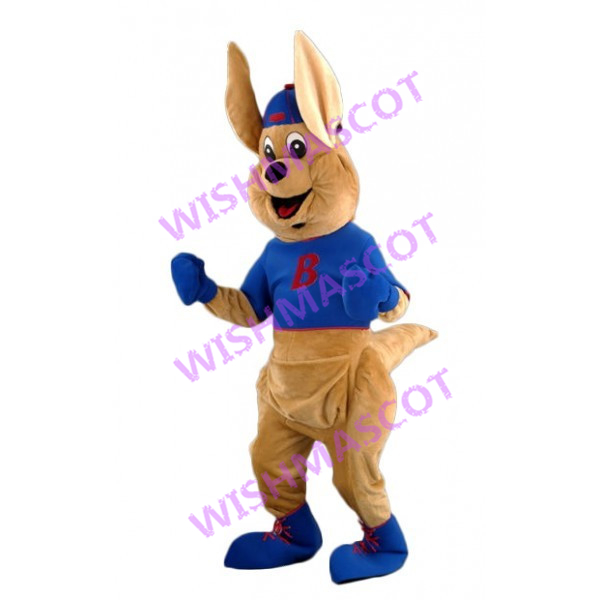 Jumping Kangaroo With Blue Shirt Mascot Costume