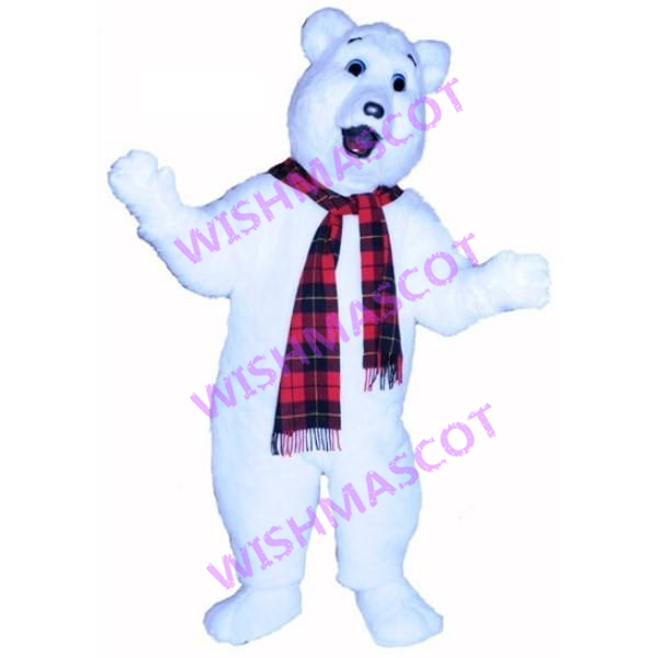 Polar Bear Wearing Plaid Scarf Mascot Costume