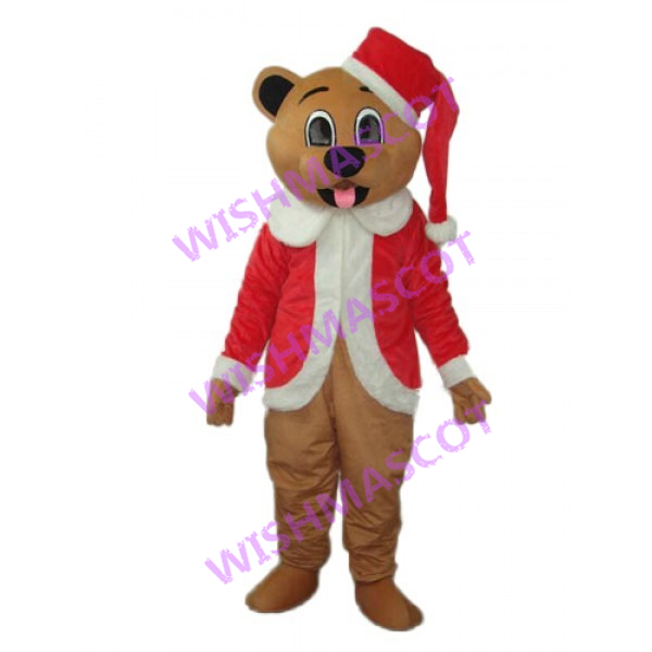 Cute Bear Wearing Christmas Coat Mascot Costume