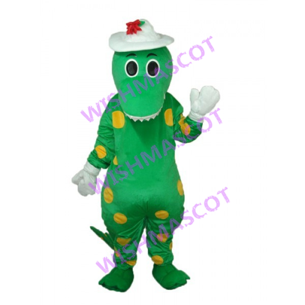 Cartoon Dinasour With White Hat Mascot Costume