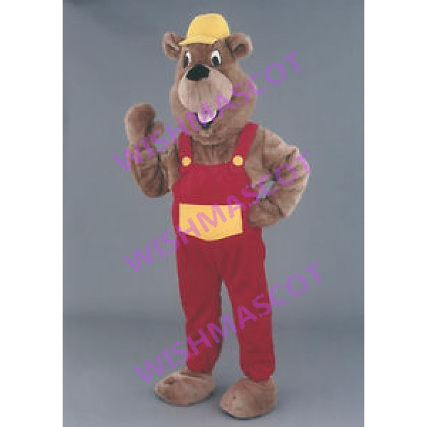 Pleasant Bear In Red Overalls Mascot Costume