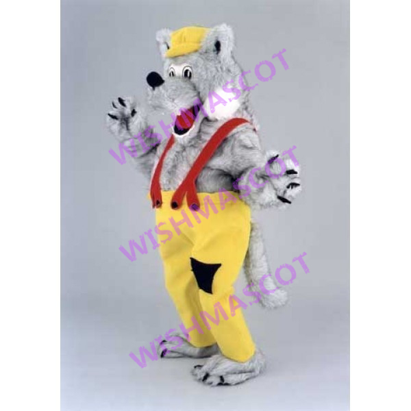 Furry Wolf Mascot Costume With Yellow Overalls