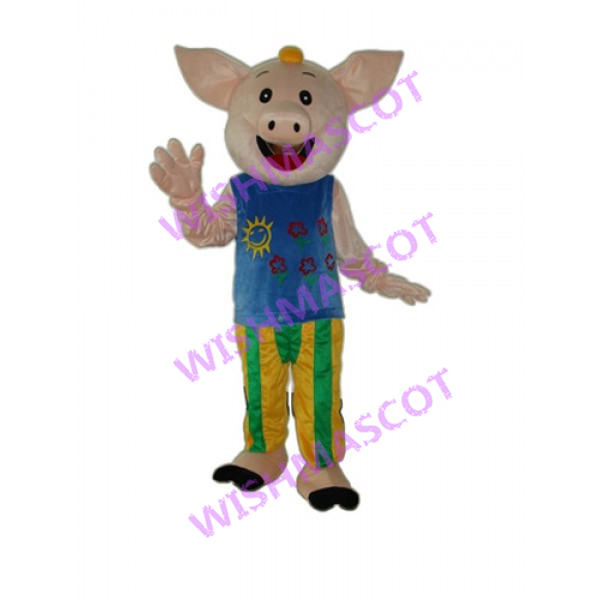 Optimistic Pig Mascot Costume Wearing Blue Vest