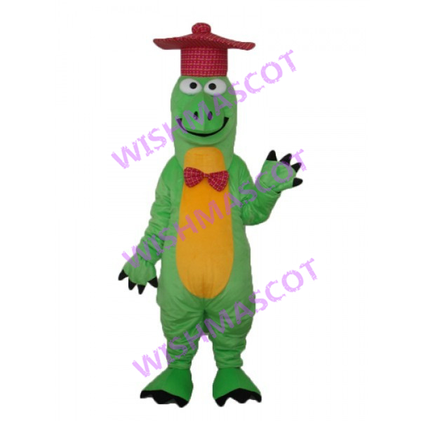 Green Dinosaur Wearing Plaid Cap Mascot Costume