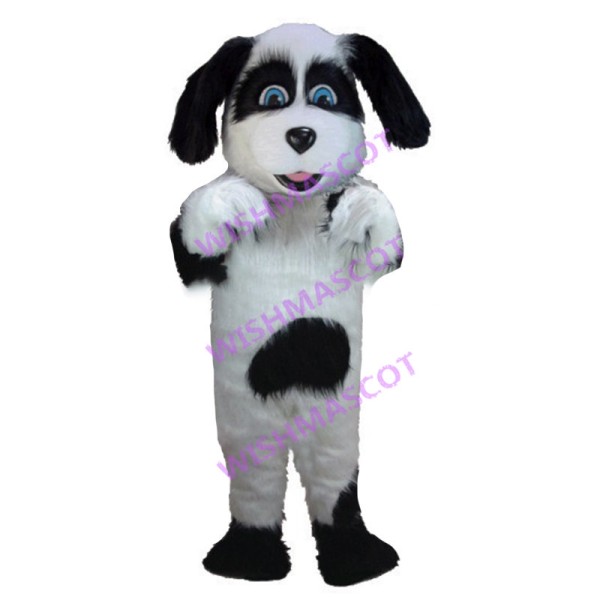 Lovely White & Black Dog Long Fur Mascot Costume 