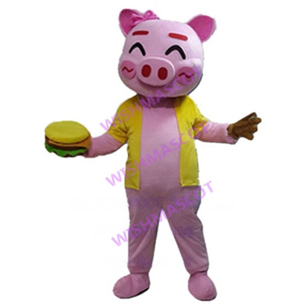 Cute Cartoon Pink Pig With Hamburger Mascot Costume 