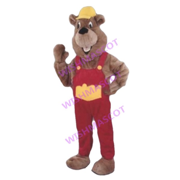 Friendly Beaver Mascot Costume Wearing Red Overalls And Yellow Hat