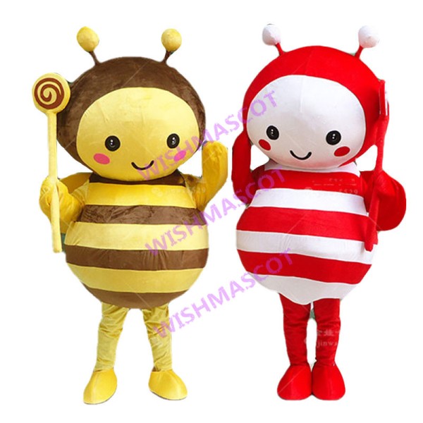 Sweet Cartoon Yellow Honeybee With Lollipop & Red Honeybee With Lollipop Mascot Adult Costume 