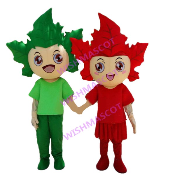 Cartoon Red Maple Girl & Green Maple Boy Mascot Costume 