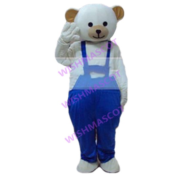 Cartoon White Bear Wearing Blue Overalls Mascot Costume 