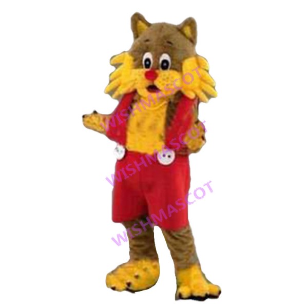 Adult Cartoon Brown Cat Wearing Red Jumpsuit Mascot Costume 