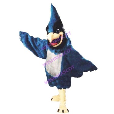 Blue Pointed Bird Mascot Costume Jumping Up And Down