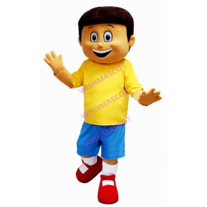 Brunette Little Boy Mascot Costume Having Fun