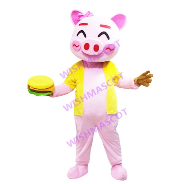 Smiling Pig Mascot Costume For Burger Shop