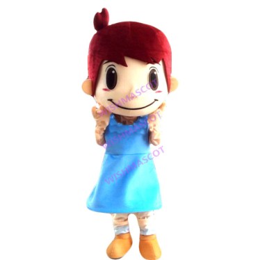 Burgundy-haired Girl In Blue Dress Mascot Costume
