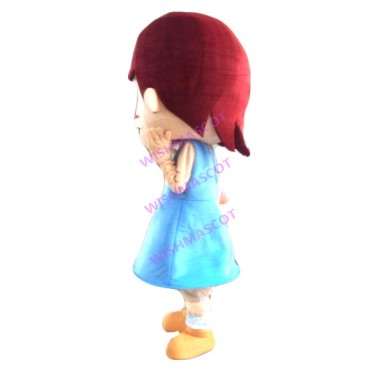 Burgundy-haired Girl In Blue Dress Mascot Costume