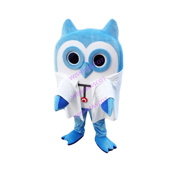 Blue Owl Wearing Blouse Mascot Costume