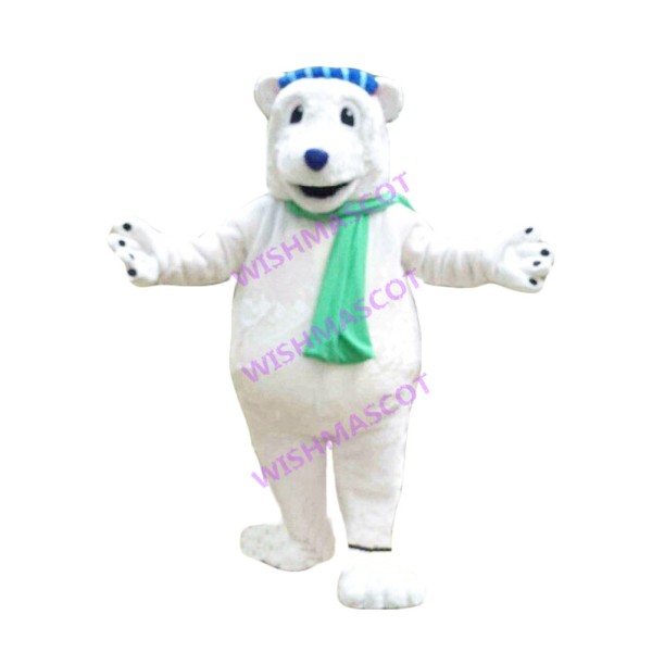 Polar Bear With Green Scarf Mascot Costume