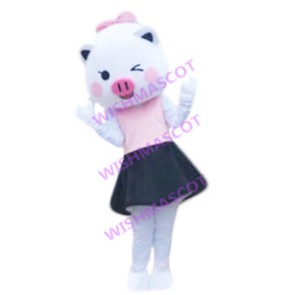 Young Girl Pig Mascot Costume In Pleated Skirt