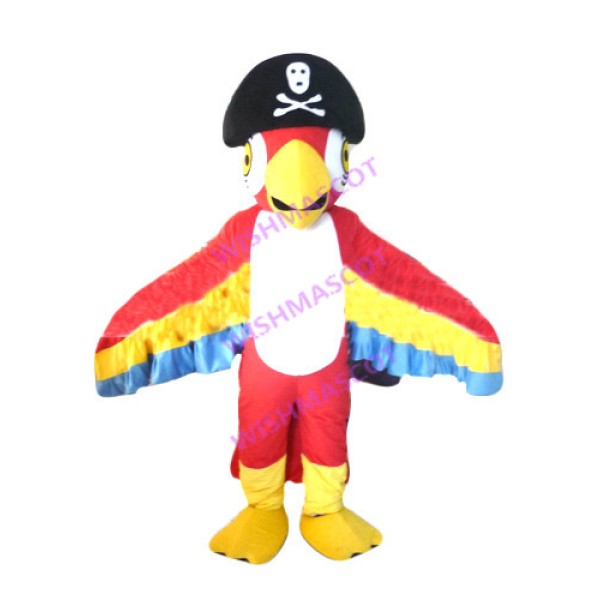 Red Bird Mascot Costume Wearing Pirate Hat