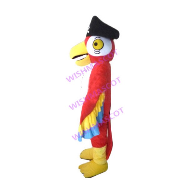Red Bird Mascot Costume Wearing Pirate Hat