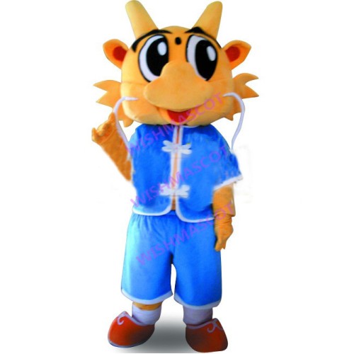 Orange Dragon Mascot Costume In Chinese Traditional Clothing