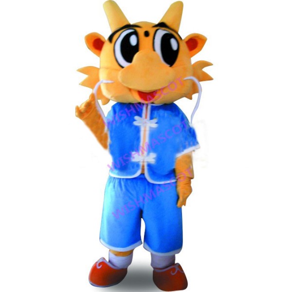 Orange Dragon Mascot Costume In Chinese Traditional Clothing
