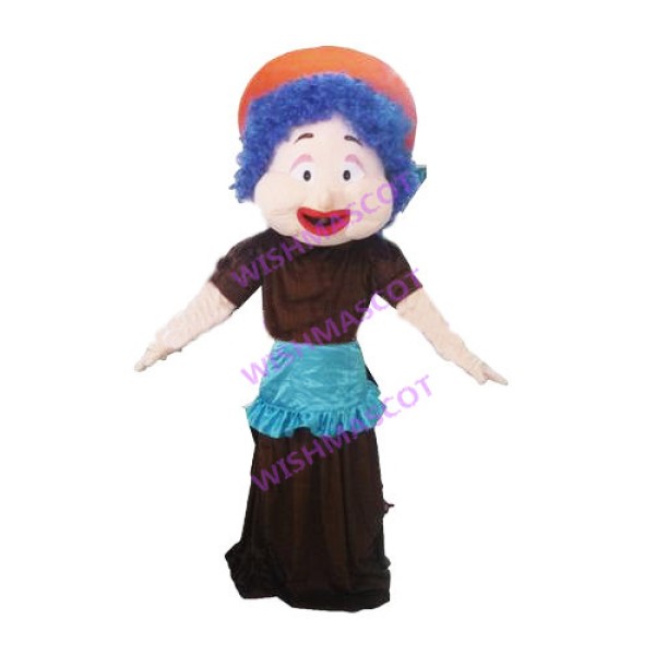 Old Lady With Blue Curly Hair Mascot Costume