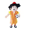 Brunette Boy Holding Football Mascot Costume