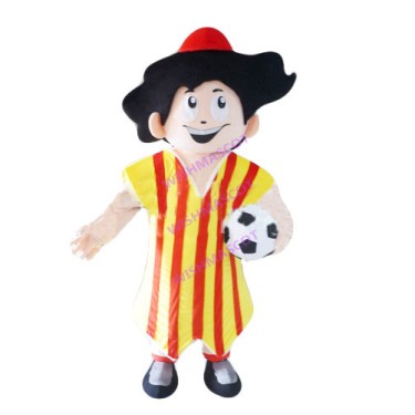 Brunette Boy Holding Football Mascot Costume