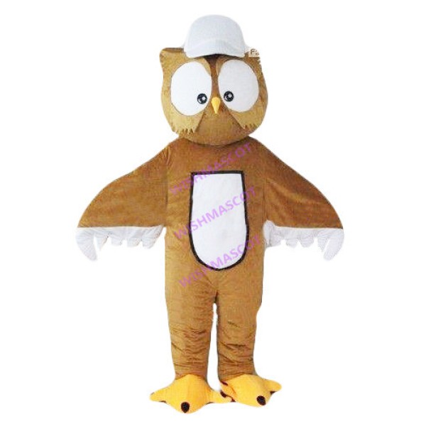 Owl In White Baseball Cap Mascot Costume