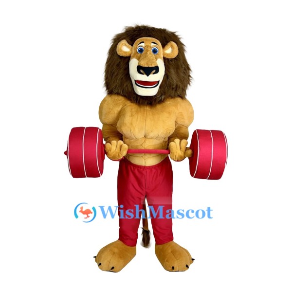 Muscle Lion Mascot Costume with Barbell