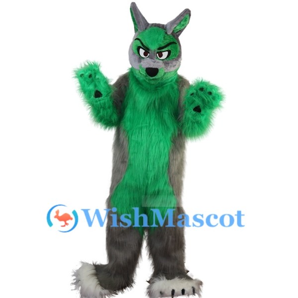 ‌Furry Green and Gray Wolf Mascot Costume