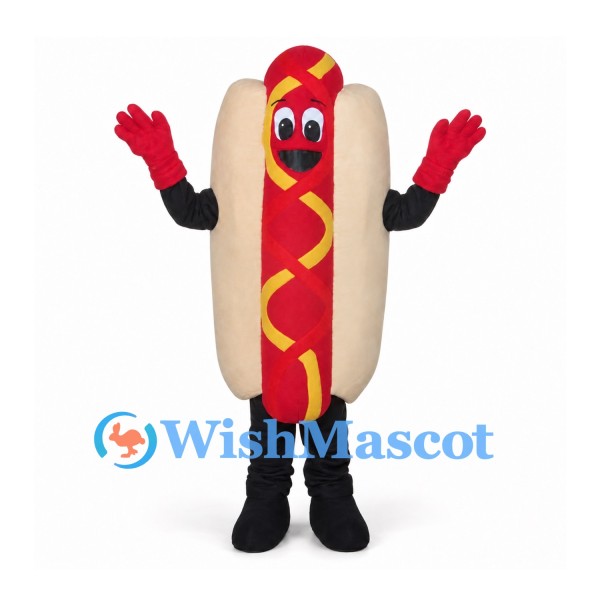 Hot Dog Mascot Costume with Red Sausage and Yellow Mustard