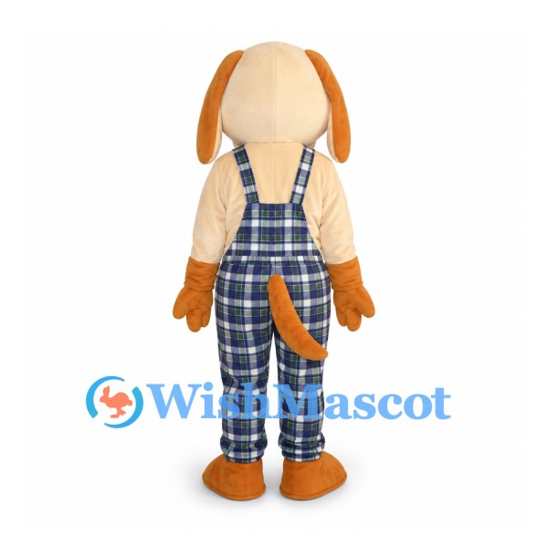 Dog Mascot Costume with Blue Plaid Overalls