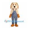 Dog Mascot Costume with Blue Plaid Overalls