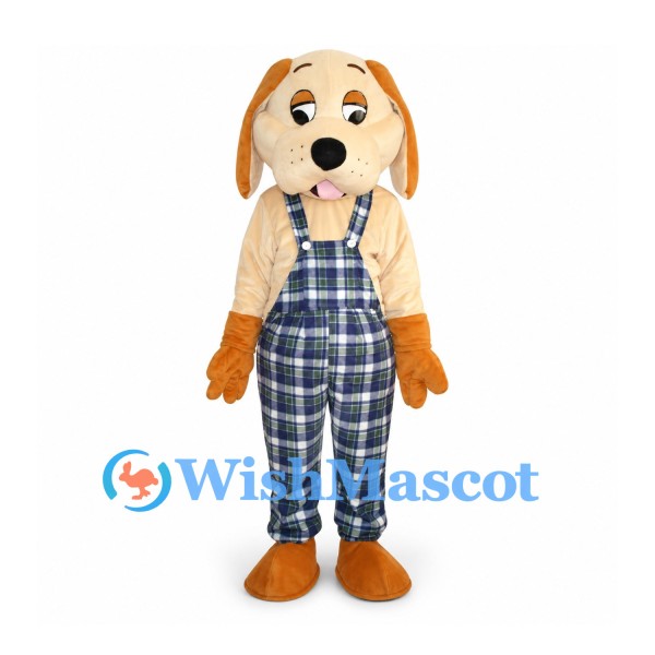 Dog Mascot Costume with Blue Plaid Overalls