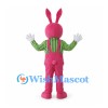 Rabbit Mascot Costume in Pink with Green Striped Shirt and Overalls