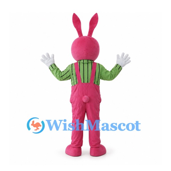 Rabbit Mascot Costume in Pink with Green Striped Shirt and Overalls