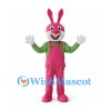 Rabbit Mascot Costume in Pink with Green Striped Shirt and Overalls