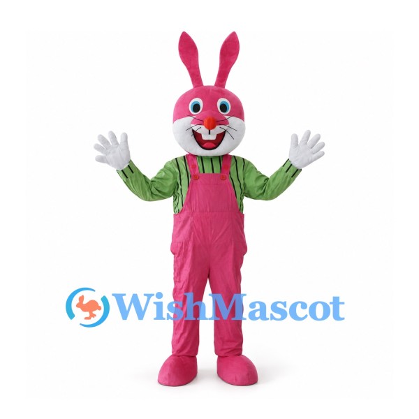 Rabbit Mascot Costume in Pink with Green Striped Shirt and Overalls