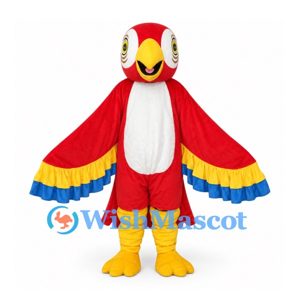 Parrot Mascot Costume in Red with Blue and Yellow Wings