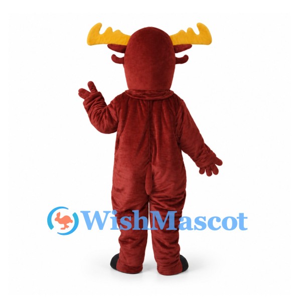 Moose Mascot Costume in Burgundy with Yellow Antlers