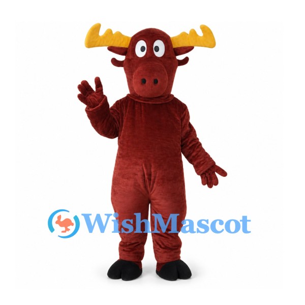 Moose Mascot Costume in Burgundy with Yellow Antlers