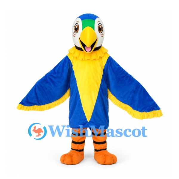 Parrot Mascot Costume in Blue with Yellow Chest and Wing Trim