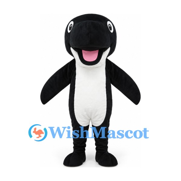 Killer Whale Mascot Costume in Black with White Belly and Broad Smile