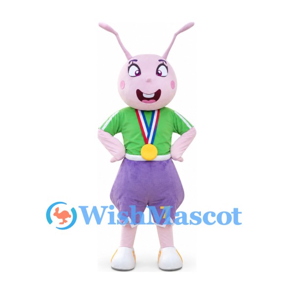 Rabbit Mascot Costume with Green Shirt and Purple Shorts